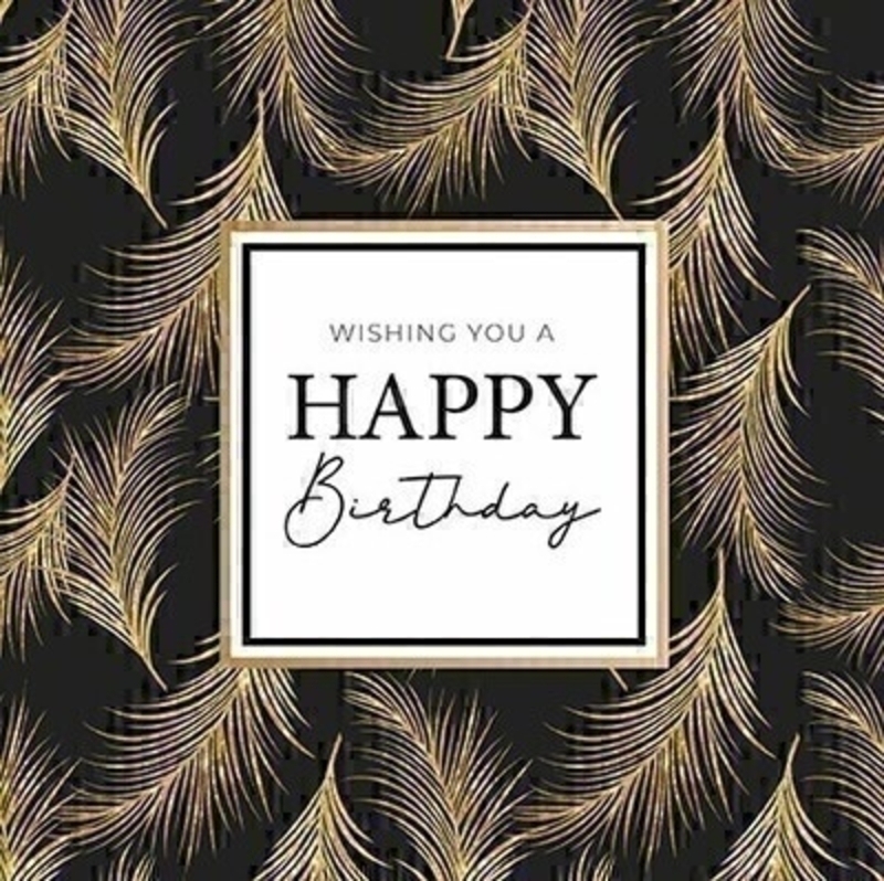 This Birthday greetings card from Avocado Designs has WISHING YOU A HAPPY BIRTHDAY written on the front set on a black background with gold feathers.  It has Have a Really Special Day written on the inside and is perfect to send to someone celebrating a birthday and comes complete with a silver envelope.